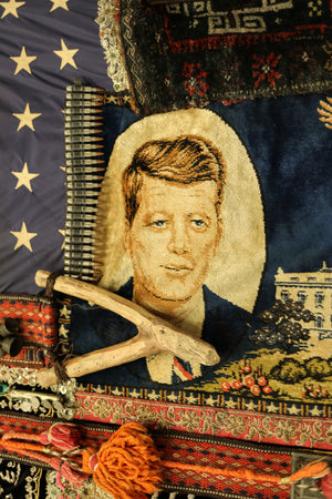 Cracow, Poland - May 8, 2018: Sarra Rahbar - Flags. In the series of flags artist combines American and Iranian motifs. Exibition Motherland in Art at Mocak in Krakow.のeditorial素材