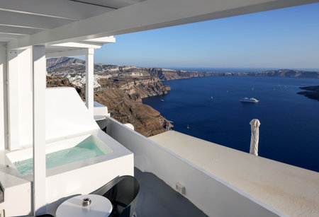 Panoramic view of the Santorini caldera cliffs from the Imerovigli village on Santorini island, Greeceの写真素材