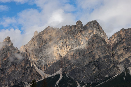 View from Cortina d'Ampezzo towards the Cristallo range and the Pomocgnon peak, Ampezzo Dolomites, Alps, Italyの写真素材