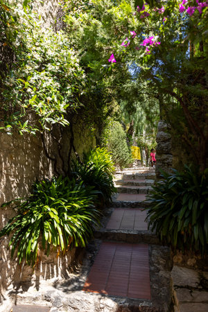 Eze, France - Juni 18, 2025: Eze - the famous, charming perched village. One of the most frequently visited tourist attractions in the Alpes-Maritimes region, France.のeditorial素材