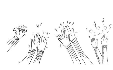 Set of Hand Drawn Applause, Hands Clapping Ovation Gesture With Doodle Styleのイラスト素材