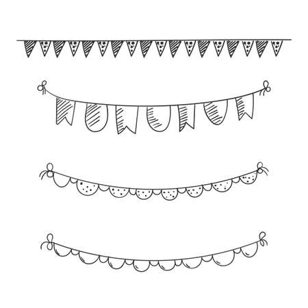 flag party doodle. bunting flags decoration for design birthday invitation, social media feed, happy birthday element design. happy birthday conceptのイラスト素材