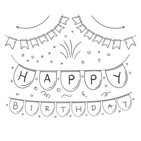 flag party doodle. bunting flags decoration for design birthday invitation, social media feed, happy birthday element design. happy birthday conceptのイラスト素材
