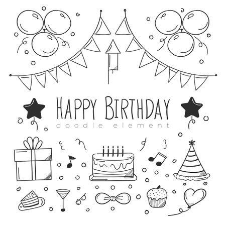 sketchy doodle happy birthday element design with doodle style. happy birthday concept. use for element design invitation, wallpaper or social media feed.のイラスト素材
