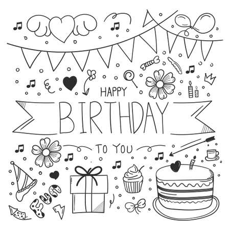 hand drawn happy birthday doodle. happy birthday element design with doodle style. happy birthday concept. use for element design invitationのイラスト素材