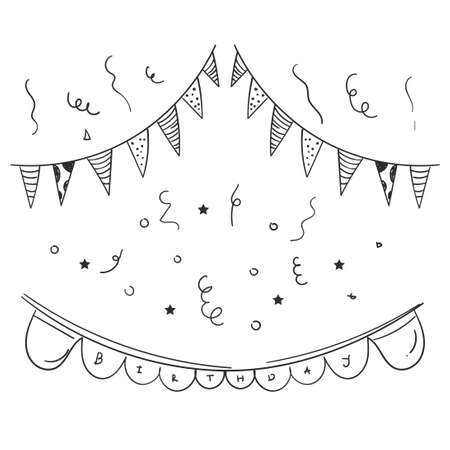 flag party doodle. bunting flags decoration for design birthday invitation, social media feed, happy birthday element design. happy birthday conceptのイラスト素材