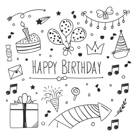 happy birthday doodle. happy birthday element design with doodle style. happy birthday concept. use for element design invitation, wallpaper or social media feed.のイラスト素材