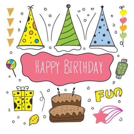 hand drawn happy birthday element design with doodle styleのイラスト素材