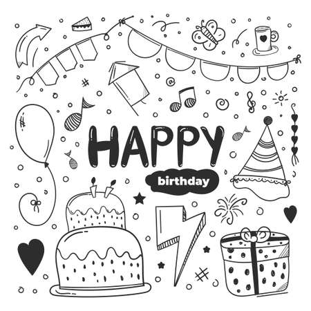 happy birthday doodle. happy birthday element design with doodle style. happy birthday concept. use for element design invitationのイラスト素材