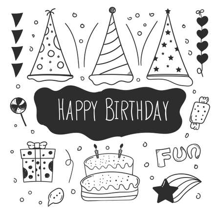 birthday doodle. happy birthday element design with doodle style. happy birthday concept. use for element design invitationのイラスト素材