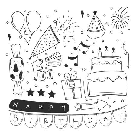 happy birthday element design with doodle style. happy birthday concept. use for element design invitation, wallpaper or social media feed.のイラスト素材