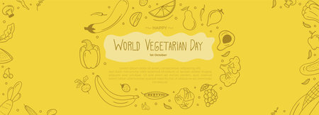 world vegetarian day horizontal banner website with doodle scribble. health food concept. vector illustrationのイラスト素材
