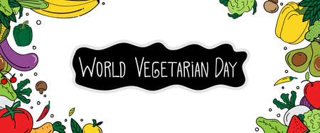world vegetarian day horizontal banner website with doodle scribble. health food concept. vector illustrationのイラスト素材
