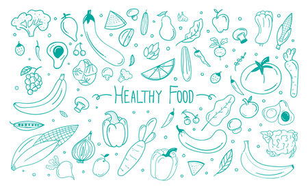 hand drawn healthy food doodle background. vegetable doodle background. for design background or restaurant and cafe wall decoration. healthy food conceptのイラスト素材