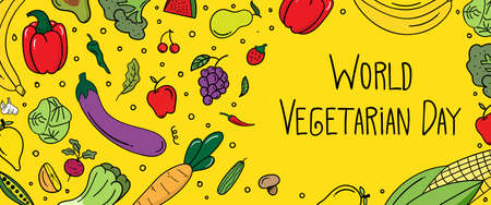 world vegetarian day horizontal banner website with doodle scribble. health food concept. vector illustrationのイラスト素材
