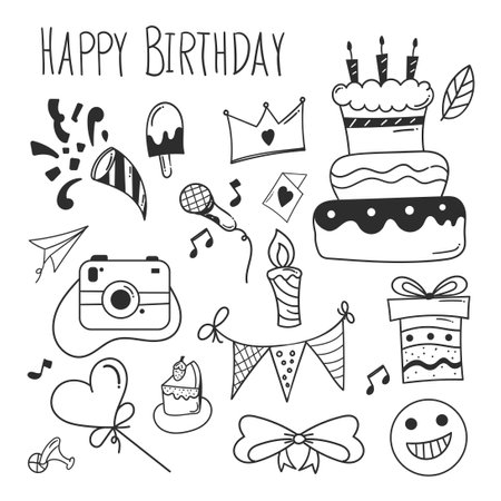 birthday doodle background. happy birthday element design with doodle style. happy birthday concept. use for element design invitationのイラスト素材