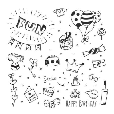 birthday doodle background. happy birthday element design with doodle style. happy birthday concept. use for element design invitationのイラスト素材