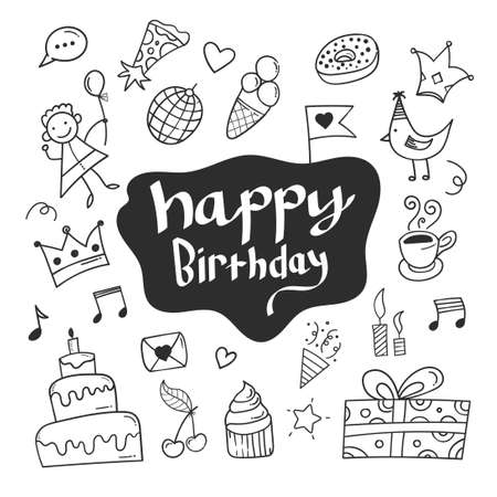 birthday doodle background. happy birthday element design with doodle style. happy birthday concept. use for element design invitationのイラスト素材