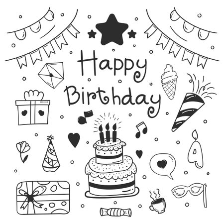 birthday doodle background. happy birthday element design with doodle style. happy birthday concept. use for element design invitationのイラスト素材