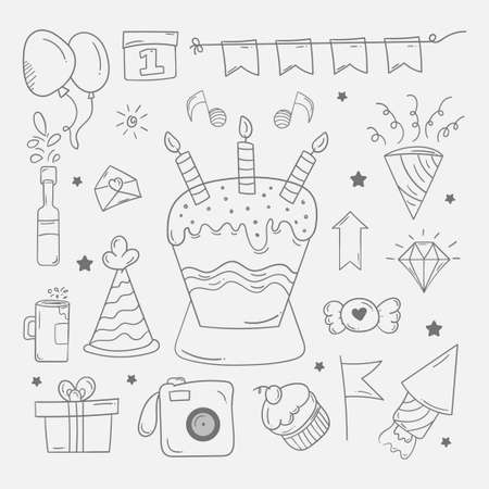 Happy Birthday doodle background in hand drawn sketchのイラスト素材