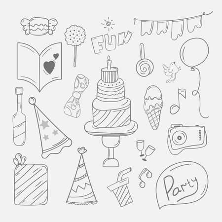 Happy Birthday doodle background in hand drawn sketchのイラスト素材
