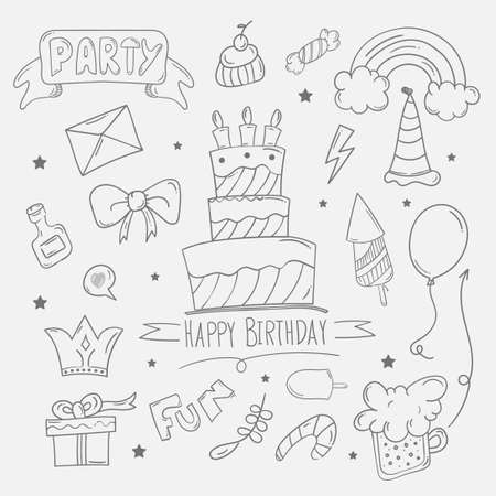 Happy Birthday doodle background in hand drawn sketchのイラスト素材