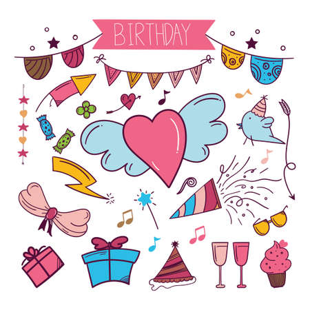 colourful Happy Birthday hand drawn sticker in doodle styleのイラスト素材