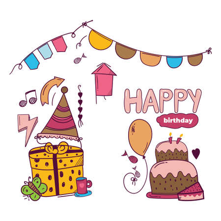 Happy Birthday hand drawn sticker in doodle styleのイラスト素材