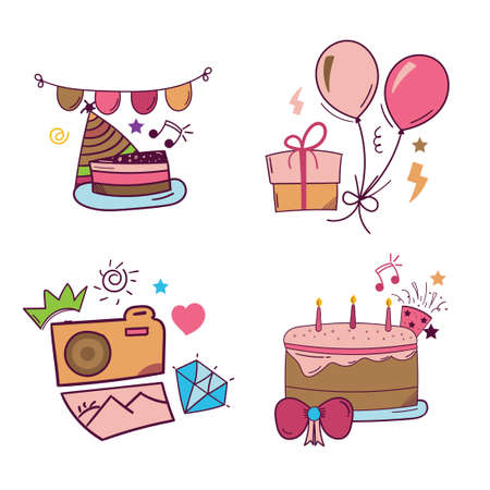 Set of Happy Birthday hand drawn sticker in doodle styleのイラスト素材