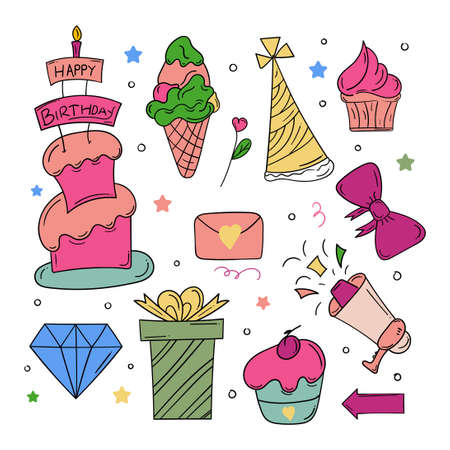 Happy Birthday doodle icon in colourfulのイラスト素材