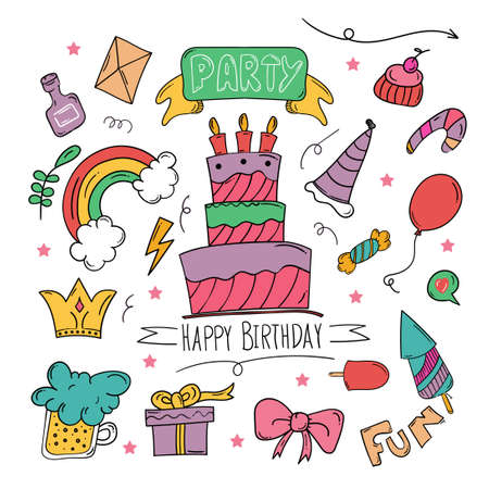 set of Happy Birthday doodle background in hand drawn colourfulのイラスト素材