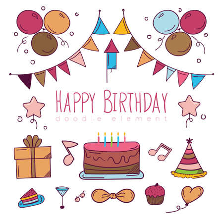 Happy Birthday hand drawn sticker in doodle styleのイラスト素材