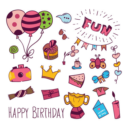 Birthday doodle icon in colourfulのイラスト素材