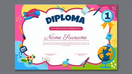 Diploma or certificate template with education and school elements. Vector illustrationのイラスト素材