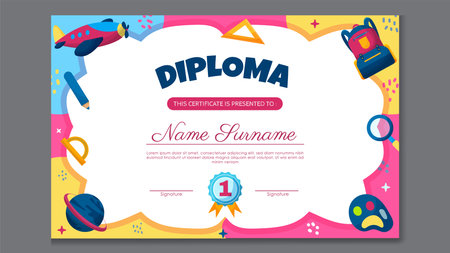 Diploma or certificate template with school elements. Flat design vector illustration.のイラスト素材