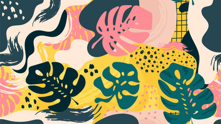 Monstera Contemporary Seamless Patterns. 
Hand Drawn Tropical Jungle leaves and Abstract Brush Stroke.のイラスト素材