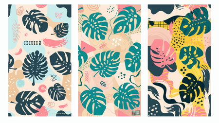 Set of Monstera Contemporary Seamless Patterns. 
Hand Drawn Tropical Jungle leaves and Abstract Brush Stroke.のイラスト素材