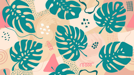 Monstera Contemporary Seamless Patterns. 
Hand Drawn Tropical Jungle leaves and Abstract Brush Stroke.のイラスト素材