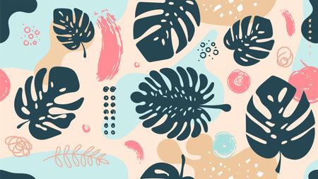 Monstera Contemporary Seamless Patterns. 
Hand Drawn Tropical Jungle leaves and Abstract Brush Stroke.のイラスト素材