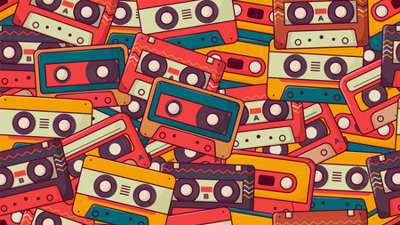Retro Cassette Tape 70s 80s 90s Seamless Pattern in Doodle style. use for Fashion Print, fabric Print, Wrapping paper, Wallpaper design etcのイラスト素材