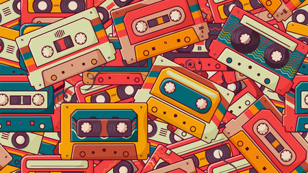 Retro Cassette Tape 70s 80s 90s Seamless Pattern in Doodle style. use for Fashion Print, fabric Print, Wrapping paper, Wallpaper design etcのイラスト素材