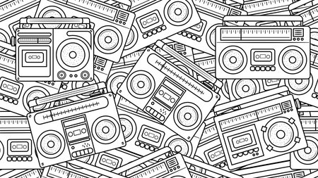 Outline Retro Radio Cassette Boombox 70s 80s 90s Seamless Pattern in Doodle style. 
use for Fashion Print, Fabric Print, Wrapping paper, Wallpaper design etcのイラスト素材
