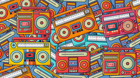 Retro Radio Cassette Boombox 70s 80s 90s Seamless Pattern in Doodle style. use for Fashion Print, fabric Print, Wrapping paper, Wallpaper design etcのイラスト素材