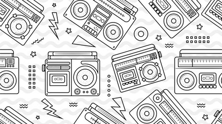 Outline Retro Radio Cassette Boombox 70s 80s 90s Seamless Pattern in Doodle style. 
use for Fashion Print, Fabric Print, Wrapping paper, Wallpaper design etcのイラスト素材