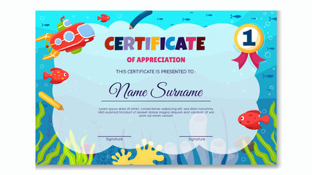 Fun Colorful Certificate Template for Kids. Sea Themeのイラスト素材