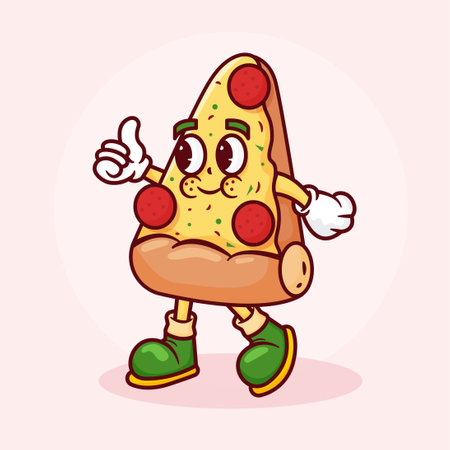 Pizza Retro Cartoon Mascot Illustration. Hand Drawn Fast Foodのイラスト素材