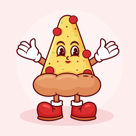 Pizza Retro Cartoon Mascot Illustration. Hand Drawn Fast Foodのイラスト素材