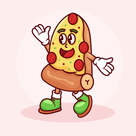 Pizza Retro Cartoon Mascot Illustration. Hand Drawn Fast Foodのイラスト素材