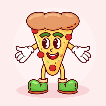 Pizza Retro Cartoon Mascot Illustration. Hand Drawn Fast Foodのイラスト素材