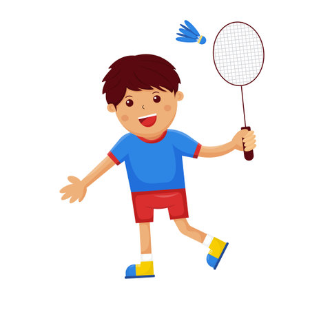 a Boy Holding Badminton Racket While Smiling Vector Illustrationのイラスト素材
